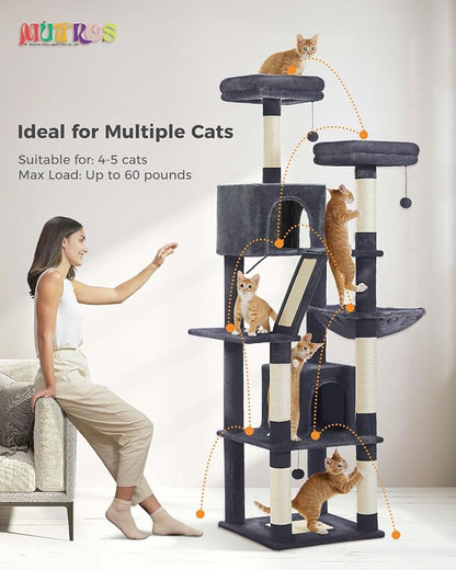 MUTTROS Cat Tree, 70.9-inch Large Cat Tower with 2 Condos, 2 Top Perches, Hammock & 6 Scratching Posts for Indoor Cats, Dark Gray