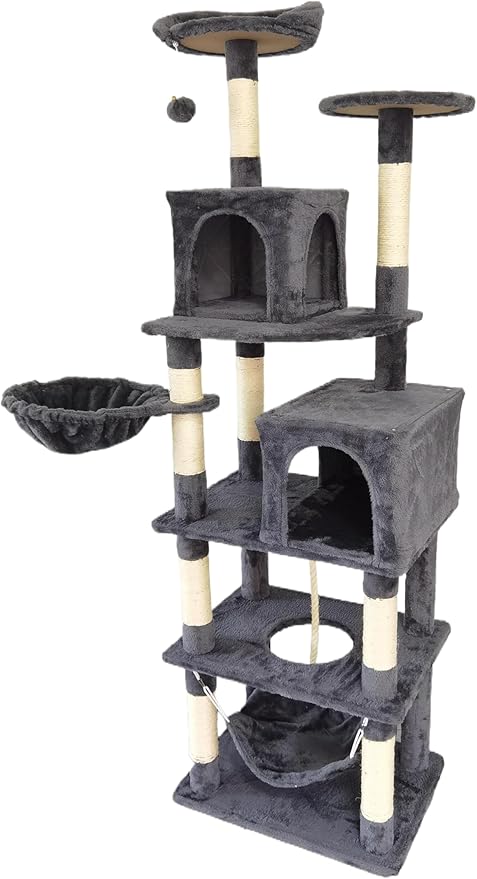 Cat Tree, 68-Inch Cat Tower for Indoor Cats, Plush Multi-Level Cat Condo with 7 Scratching Posts, 2 Perches, 2 Caves, Hammock (Darkgray)