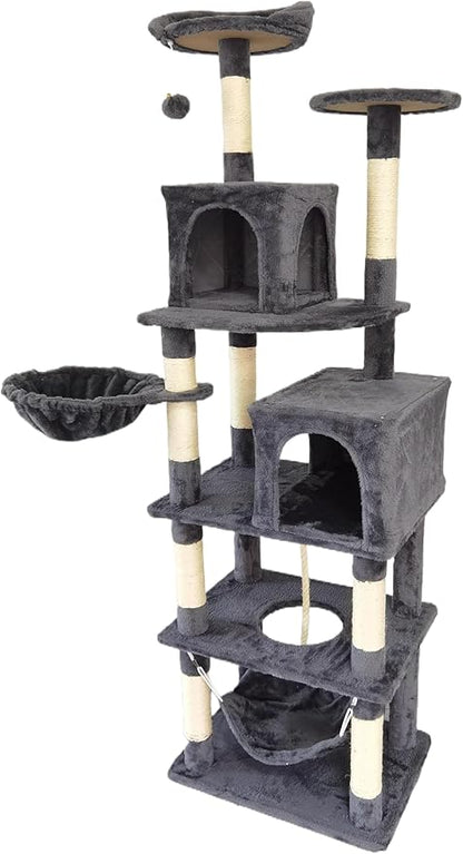 Cat Tree, 68-Inch Cat Tower for Indoor Cats, Plush Multi-Level Cat Condo with 7 Scratching Posts, 2 Perches, 2 Caves, Hammock (Darkgray)