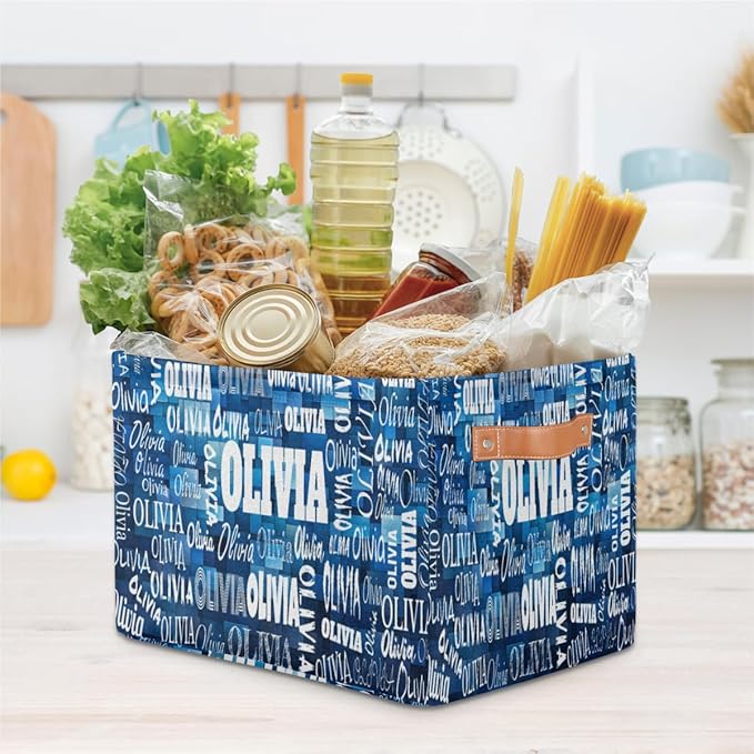 Personalized Storage Bins, Customized Name Storage Basket Rectangle Clothes Organizer for Organizing Kids and Pets Toys Shelf Closet, Blue Geometric Square