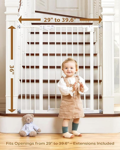 InnoTruth 29-39.6”Baby Gate for Stairs,36" Extra Tall Dog Gate for The House,Dual-Lock Safety and One Hand Opening Design,Kid Gate for Doorways,Kitchen,Room,Wall-Friendly Pressure Mounted, Pure White