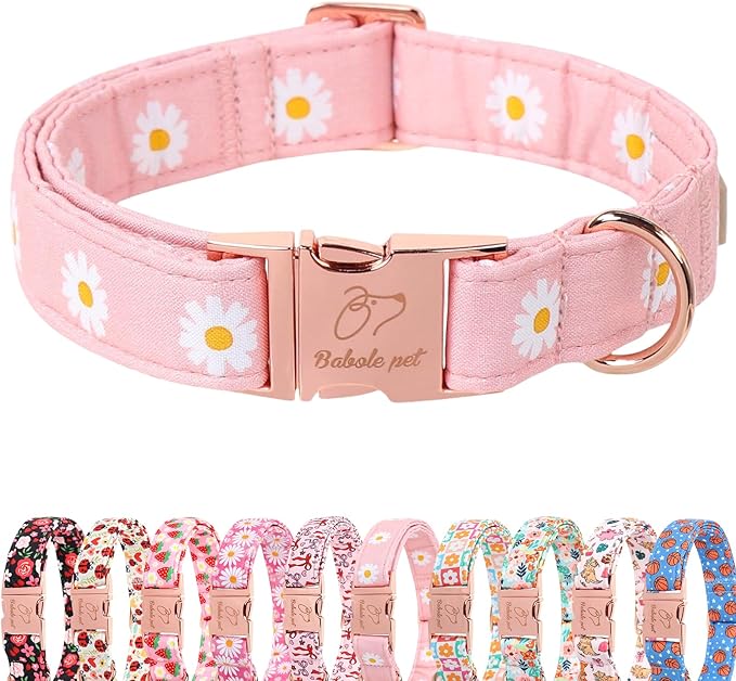 Spring Dog Collar, Cute Pink Daisy Femal Pet Collar with Metal Buckel, Durable Adjustable Designer Dog Collars for Small Medium Large Dogs M