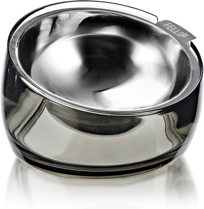 Felli Pet Oblik Acrylic Raised Dog Food Water Bowl Stainless Steel Slanted Oval Dish for Short Leg Puppy & Small Medium Pet, Elevated Tilted Metal Feeder (Smoky, 1.5 Cups Oval Dish)