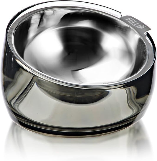 Felli Pet Oblik Acrylic Raised Dog Food Water Bowl Stainless Steel Slanted Oval Dish for Short Leg Puppy & Small Medium Pet, Elevated Tilted Metal Feeder (Smoky, 1.5 Cups Oval Dish)