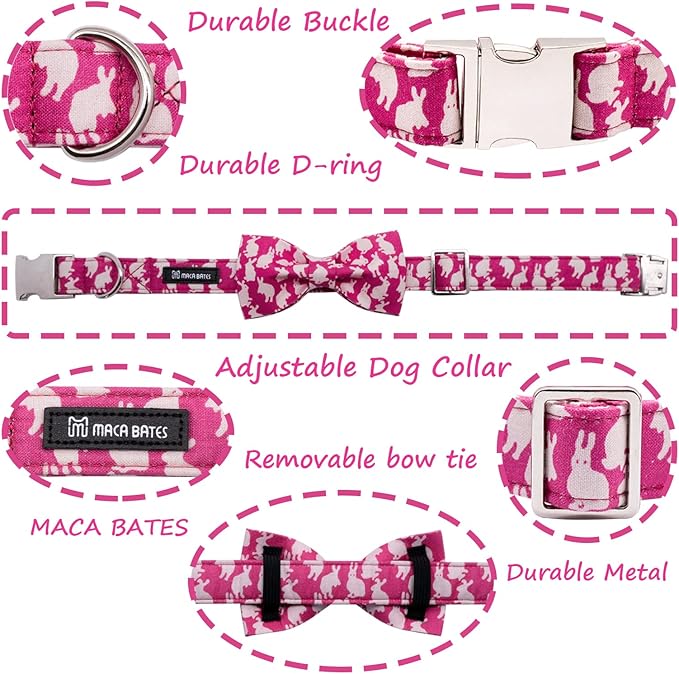 Maca Bates Easter Day Rabbit Dog Collar with Fancy Bow Tie for Medium Girl Boy Dogs, Pink Bunny Pattern,Adjustable Durable Soft Breakaway Collars for Male Female Puppy