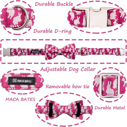 Maca Bates Easter Day Rabbit Dog Collar with Fancy Bow Tie for Extra Small Girl Boy Dogs, Pink Bunny Pattern,Adjustable Durable Soft Breakaway Collars for Male Female Puppy