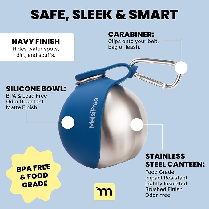 MalsiPree 2-in-1 Portable Dog Water Bottle and Travel Bowl for Small Dogs - Stainless Steel Dog Water Jug for Walking, Hiking, and Car Trips - Leak-Proof Dog Water Bottle Portable - 10oz Navy