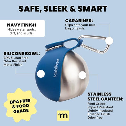 MalsiPree 2-in-1 Portable Dog Water Bottle and Travel Bowl for Small Dogs - Stainless Steel Dog Water Jug for Walking, Hiking, and Car Trips - Leak-Proof Dog Water Bottle Portable - 10oz Navy