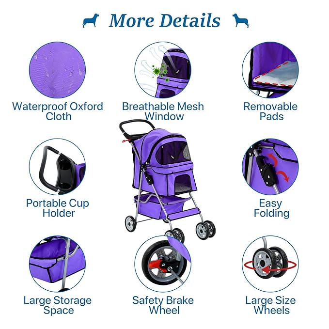 HHS Dog Strollers for Small Puppy Pet Stroller Dogs Cat 2, 4 Wheel Folding Travel Jogger Strolling Cart with Storage Basket, Cup Holder, Removable Liner, Purple, 17.5 (L) x 33 (W) x 38.6 (H) inches