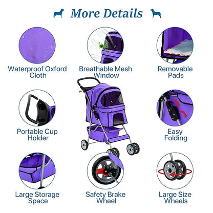 HHS Dog Strollers for Small Puppy Pet Stroller Dogs Cat 2, 4 Wheel Folding Travel Jogger Strolling Cart with Storage Basket, Cup Holder, Removable Liner, Purple, 17.5 (L) x 33 (W) x 38.6 (H) inches