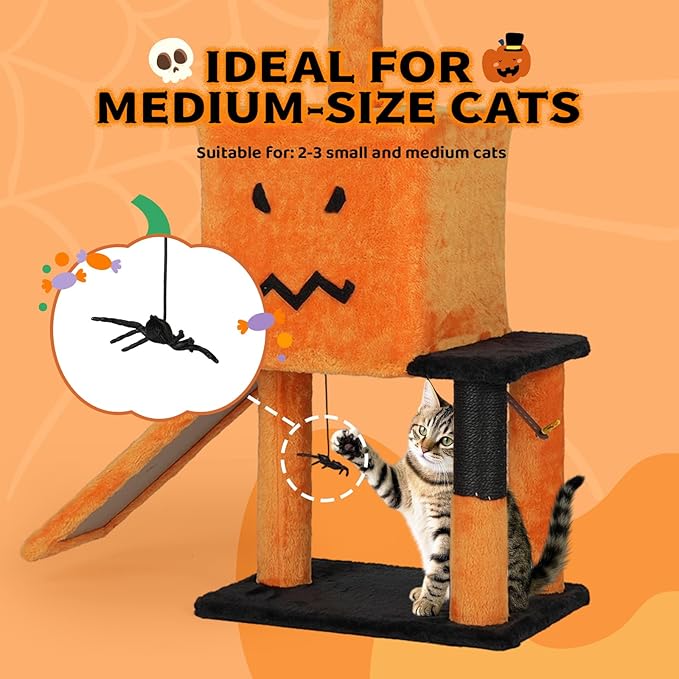 VINGLI 39.4in Halloween Cat Tree, Cat Tree Tower with Sisal-Covered Scratching Posts & House Cave & Platform Beds Side & Scratch Board, Tall Kittens Pet House w/Hanging Balls Spider, Black & Orange