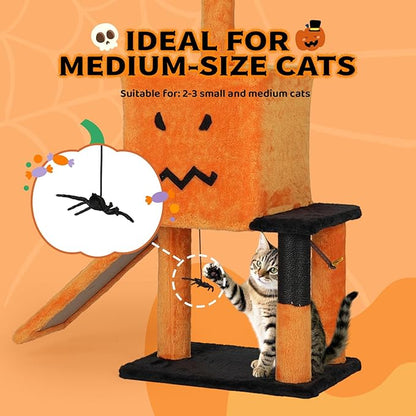 VINGLI 39.4in Halloween Cat Tree, Cat Tree Tower with Sisal-Covered Scratching Posts & House Cave & Platform Beds Side & Scratch Board, Tall Kittens Pet House w/Hanging Balls Spider, Black & Orange