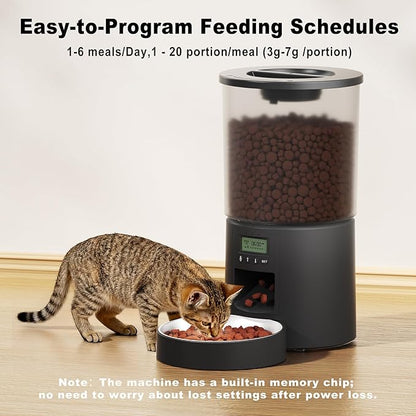 Automatic Cat Feeder 4.2L,6 Meals/Day,Dual Power Portion Control Feeder,Dry Pet Food Auto Dispenser,Timer Setting,10S Voice Record (Transparent Black, Stainless Steel Bowl)