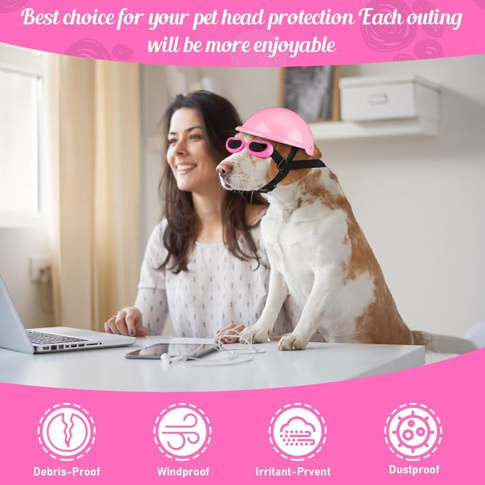 Frienda Dog Helmet and Goggles, UV Protection Doggy Sunglasses and 4 Inch Padded Puppy Motorcycle Helmet Adorable Dog Goggles with Adjustable Belt for Small Dogs Puppy Riding(Pink,M)