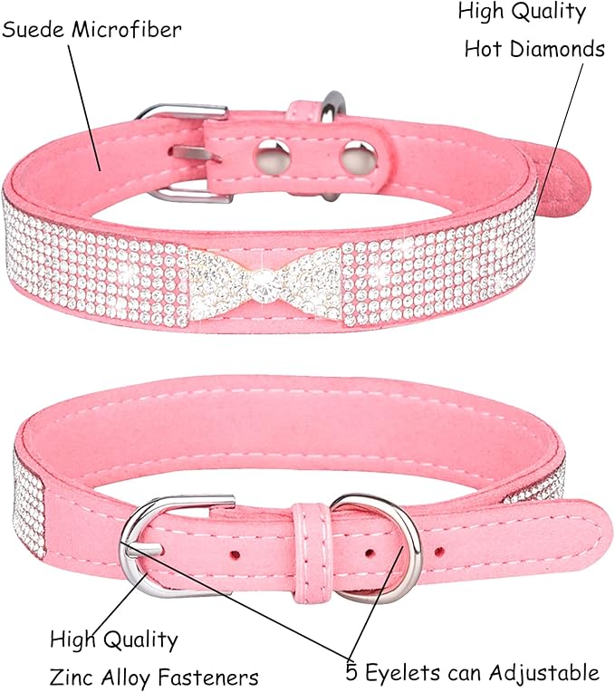 Bling Dog Collar for Small Medium Large Dogs, Crown Rhinestone Dog Collars for Girl and boy Dog, Diamond Puppy Collars, Adjustable Leather Suede SOFE Cat Collar (L(15"-18.1"/38CM-46CM), Pink2)