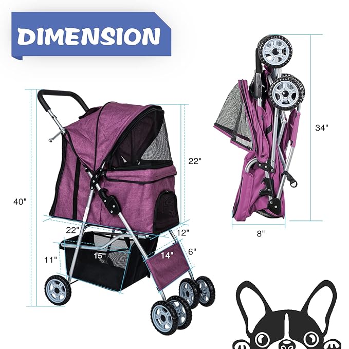 Dog Stroller for Small Dogs,Pet Stroller Strolling Cart 4 Wheels Folding Pet Gear Lightweight Waterproof with Storage Basket for Puppy Small Medium Dogs Cats for Travel,Purple