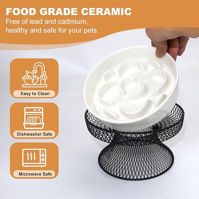 Elevated Ceramic Cat Slow Feeder Bowl Raised Cat Food Bowl with Stand, Detachable pet Bowl Design for Wet Food and Dry Food, Whisker Friendly Pet Puzzle Feeder for Kitten and Small Dog