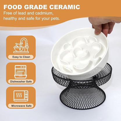 Elevated Ceramic Cat Slow Feeder Bowl Raised Cat Food Bowl with Stand, Detachable pet Bowl Design for Wet Food and Dry Food, Whisker Friendly Pet Puzzle Feeder for Kitten and Small Dog