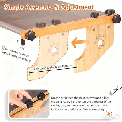 Cat Window Perch - No Drilling Renter-Safe, Adjustable Sill Fit with Sturdy Wood- Metal Frame, Washable Non-Slip Bed, Easy Assembly for Indoor Cats - Ideal for Small Spaces & Multi-Cat Homes(Gray,L)