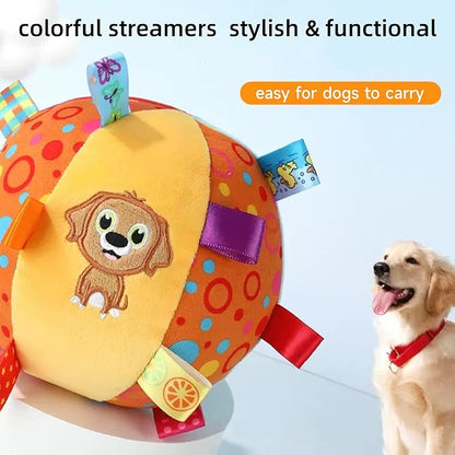 TRAVEYO Colorful Dog Balls Toy, Soft Plush Ball with Ribbon Streamers, Built-in Bell, Bite Resistant Chew Dog Toy Balls