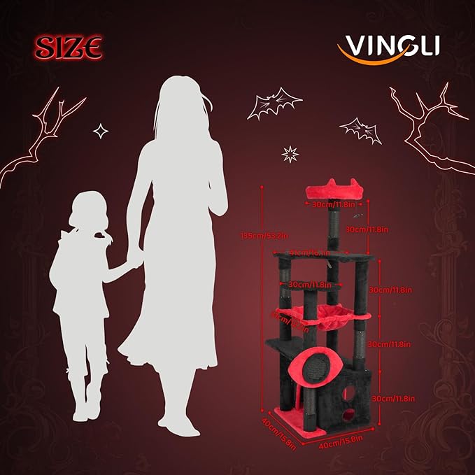 VINGLI 53.2in Gothic Cat Tower with Padded Perch & Spacious Condo, Large Cat Tree with Soft Hammock, Scratching Posts, Hanging Spider Toy, Red & Black Indoor Cat Furniture for Multiple Cats