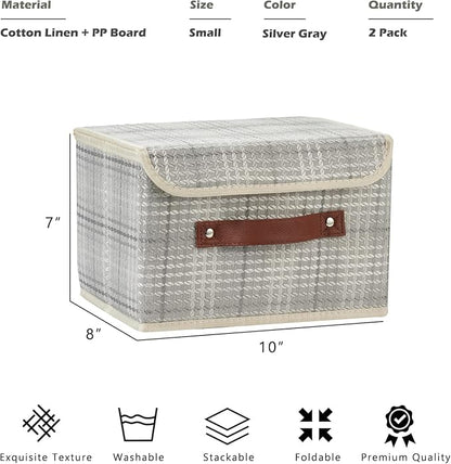 2PCS Storage Boxes with Lid 3D Textured Fabric Storage Bins Closet Organizer Containers Decorative Collapsible Washable Shelf Baskets with Faux Leather Handles (Silver Gray, Small Size)