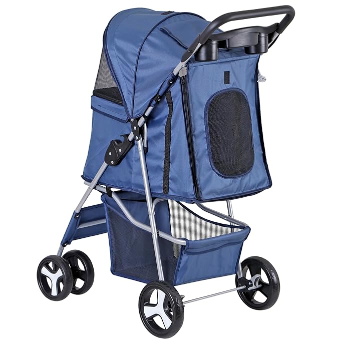 4 Wheels Dog Stroller Folding Pet Strolling Cart for Small Medium Cats Puppies Portable Jogger Travel Camping Puppy Carrier with Storage Basket Cup Holder, Navy Blue