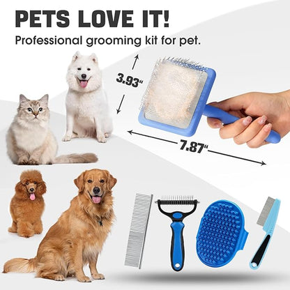 Dog Slicker Brush for Dogs Grooming Kit 4PCS | Large Dog Brush for Goldendoodles Poodles Doodles | Long Pin Haired Brush | Poodle Brushes and Comb (Blue)