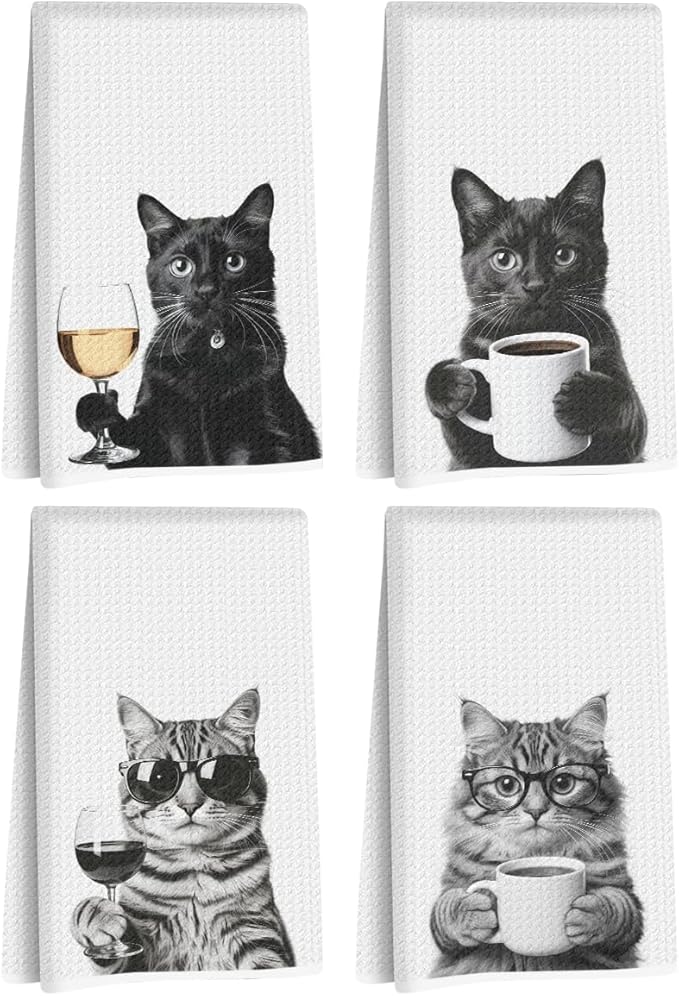 4 Pcs Funny Cat Kitchen Towels 24x14 Inch, Funny Reusable Dish Towels for Kitchen Coffee Station Wine Bar Decor, Waffle Weave Absorbent Hand Cloth Tea Towel, Cat Lover Gifts for Women Mom Friend