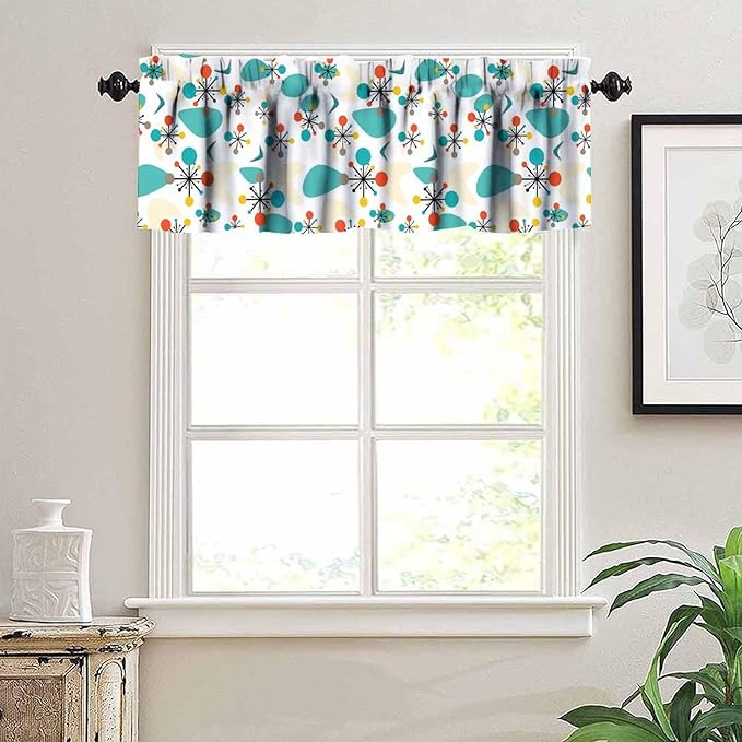 Mid Century Modern Kitchen Valance Curtains, Retro Atomic Starburst Abstract Geometric Pattern 1950S 60S Vintage Window Curtain Valance for Bedroom Living Room 54x18inch