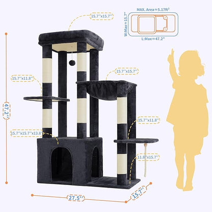 Heybly Heavy Duty Cat Tree, Tower for Indoor Cats large adult, Tall Cat Condo House with Extra-Large Baseboard, Multi-Level Plush Furniture with Scratching Posts, Hammock,Toy Balls, Smoky Gray HCT026G