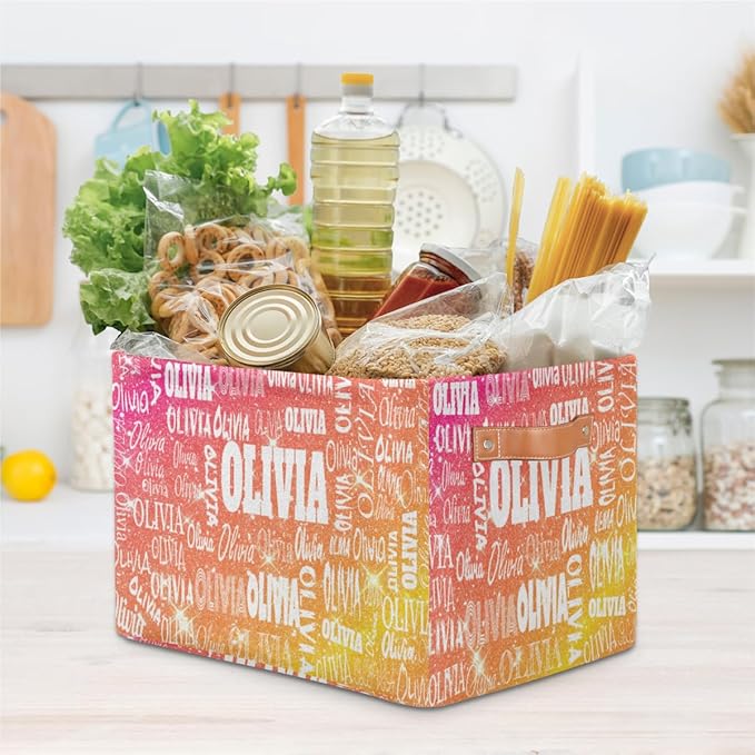 Personalized Storage Basket with Name, Rectangle Toys Storage Bin with Handles for Baby, Boys, Girls, Collapsible Basket for Clothes, Books, Shiny Glitter Starry Red Orange