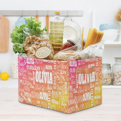 Personalized Storage Basket with Name, Rectangle Toys Storage Bin with Handles for Baby, Boys, Girls, Collapsible Basket for Clothes, Books, Shiny Glitter Starry Red Orange