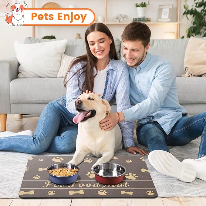 Pet Feeding Mat-Absorbent Pet Placemat for Food and Water Bowl, with Waterproof Rubber Backing, Quick Dry Water Dispenser Mat for Dog and Cat (27"x17", Brown)