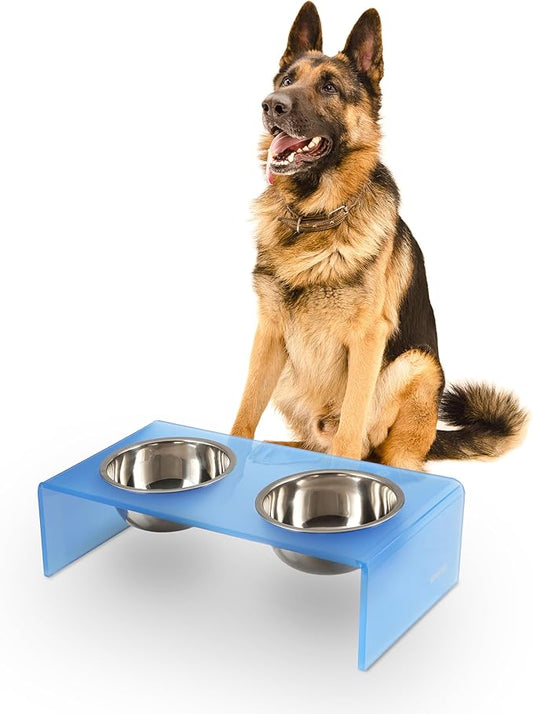 The LICKER Store DBL2001C Keaton 7.5" Medium/Large Modern Acrylic Rectangular Elevated Pet Feeder with 54oz 2-Stainless Steel Bowls, Blue/Chrome