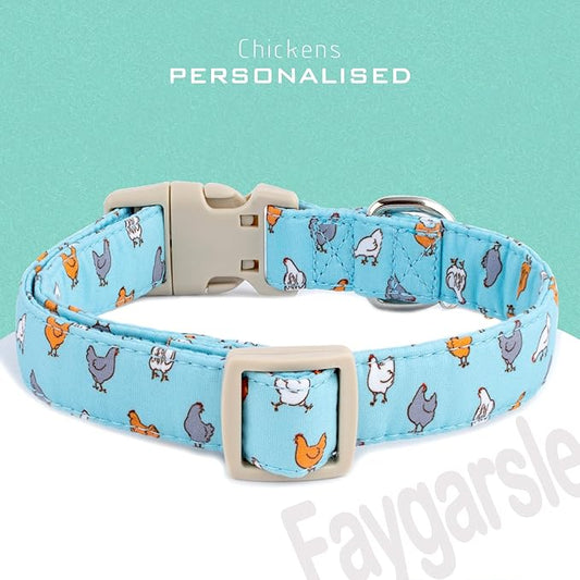Faygarsle Funny Chicken Pattern Dog Collar, Cotton Fabric, Light Blue with Farm Animal Print for Small Medium Large Dogs L