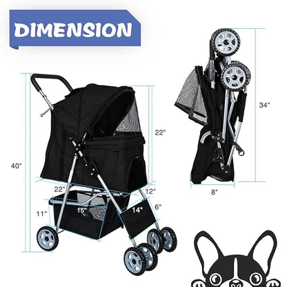 Dog Stroller for Small Dogs,Pet Stroller Strolling Cart 4 Wheels Folding Pet Gear Lightweight Waterproof with Storage Basket for Puppy Small Medium Dogs Cats for Travel,Black