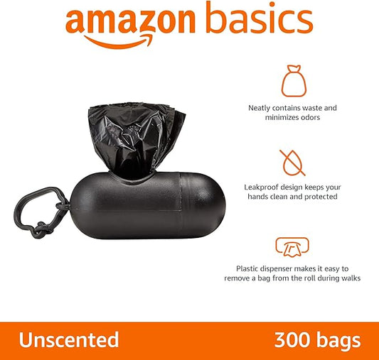 Amazon Basics Dog Poop Leak Proof Bags with Dispenser and Leash Clip, Unscented, 13" x 9" Large Size, 300 Count