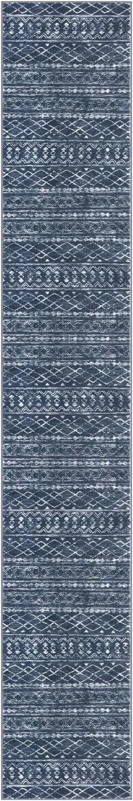 KUTA Boho Runner Rug for Hallway 2.6x16 Moroccan Washable Navy Blue Rugs Non-Slip Vintage Long Kitchen Runners Soft Geometric Floor Carpet for Bedroom Laundry Living Room