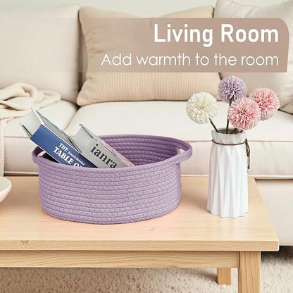 Woven Basket,Small Rope Storage Bin with Handles & Ribbon Bag, Organizer for Shelves Closets,Gift Basket Empty for Birthday,Books,Dog Toys, Purple