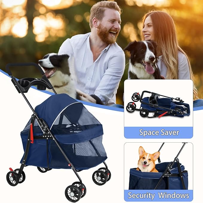 4 Wheels Pet Stroller for Medium Small Dog up to 50lbs, Dog Cat Stroller, Outdoor Travel Pet Folding Strollers, Cat Cage Strollers with Cup Holder, Breathable and Visible Mesh (1 Set-Blue)