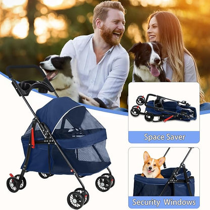 4 Wheels Pet Stroller for Medium Small Dog up to 50lbs, Dog Cat Stroller, Outdoor Travel Pet Folding Strollers, Cat Cage Strollers with Cup Holder, Breathable and Visible Mesh (1 Set-Blue)
