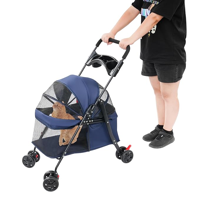 Pet Stroller for Small Medium Dogs Cats, Lightweight Foldable Pet Wagon with 360° Front Wheels & Brake, 40 lbs Capacity Carrier for Park Travel Shopping, Breathable Mesh Basket (Navy Blue)