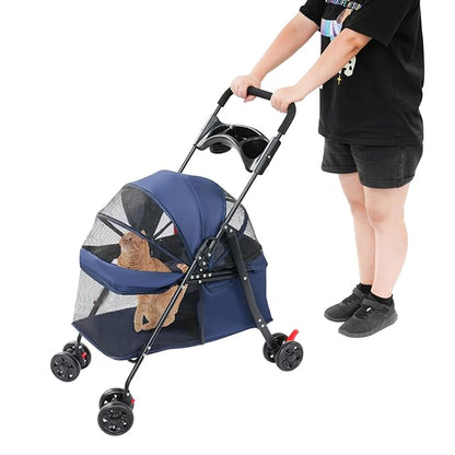 Pet Stroller for Small Medium Dogs Cats, Lightweight Foldable Pet Wagon with 360° Front Wheels & Brake, 40 lbs Capacity Carrier for Park Travel Shopping, Breathable Mesh Basket (Navy Blue)