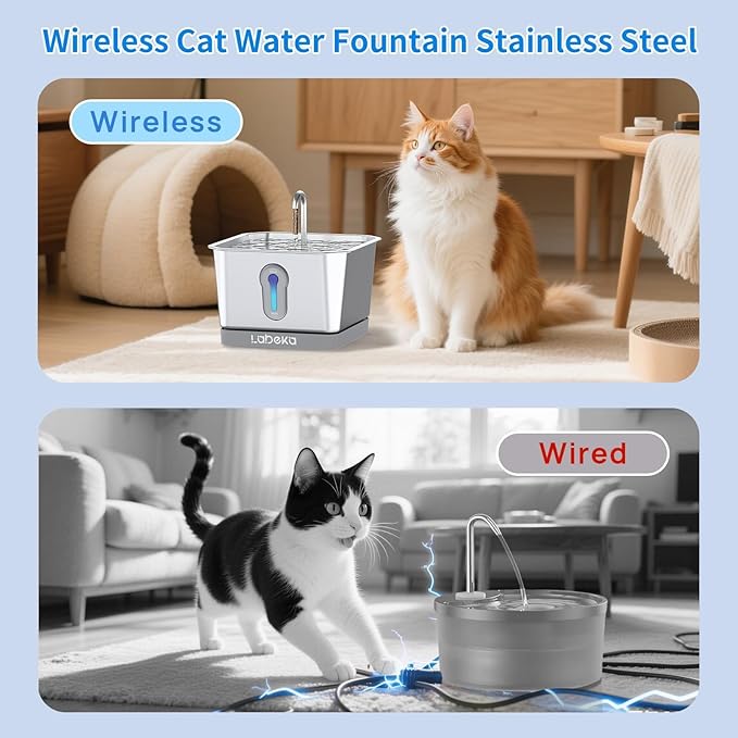 135oz/4L Wireless Cat Water Fountain, [304 Stainless Steel]&[Water and Electricity Separation Safety Design], Pet Fountain for Cats Inside, Innovative Design Easy to Clean for Cats and Dogs (Silver)