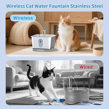 135oz/4L Wireless Cat Water Fountain, [304 Stainless Steel]&[Water and Electricity Separation Safety Design], Pet Fountain for Cats Inside, Innovative Design Easy to Clean for Cats and Dogs (Silver)