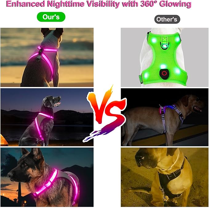 Visinite LED Dog Harness, USB Rechargeable Light Up Dog Vest, 2 Illuminate Modes Glow in The Dark Dog Harness, Adjustable Lighted Pet Harness Light for Night Walking Safety (Pink, L)