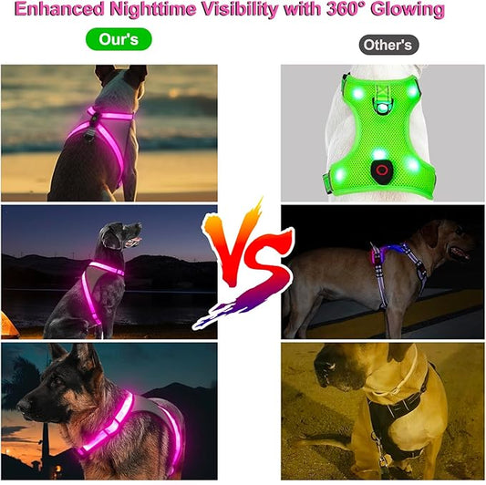 Visinite LED Dog Harness, USB Rechargeable Light Up Dog Vest, 2 Illuminate Modes Glow in The Dark Dog Harness, Adjustable Lighted Pet Harness Light for Night Walking Safety (Pink, L)