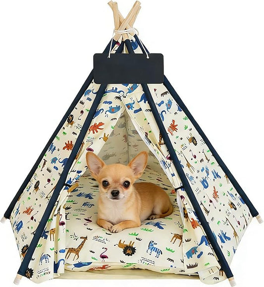 Pet Tent/Tipi for Cats & Dogs - Washable Canvas, Foldable Pet Teepee with Anti-Slip Base & Detachable Cushion | Indoor/Outdoor Safe Shelter for Pets-Zoo-L