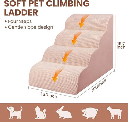 Dog Stairs for Small Dogs, High Density Foam Dog Steps, Extra Wide Non-Slip Pet Ramp for High Beds Or Couch, Soft Doggie Ladder for Dogs Injured, Older Pets, Small Cats, 4 Steps, Pink